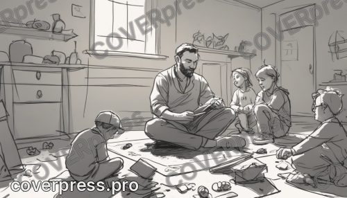 В стиле Лайн-арт: после работы мужчина играет с детьми на полу в гостиной