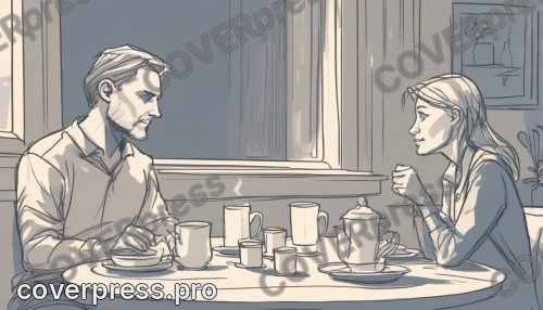 В стиле Лайн-арт: утро дома. Мужчина 35–40 лет завтракает вместе с молодой женой за небольшим столом у окна