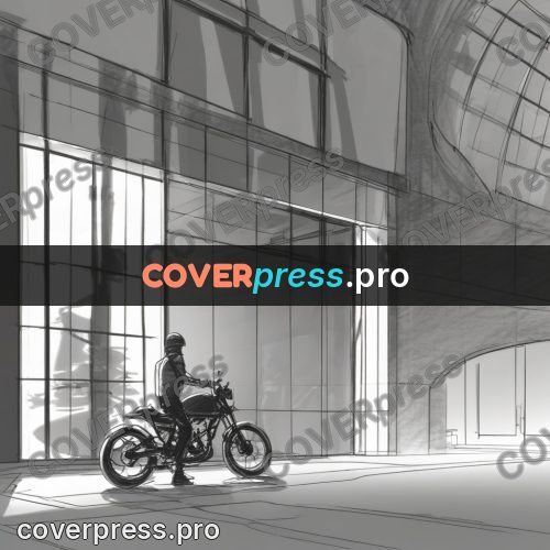 Line artwork: motorcycle by a glass building