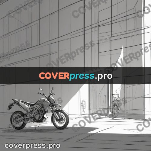 Line artwork: motorcycle by a glass building
