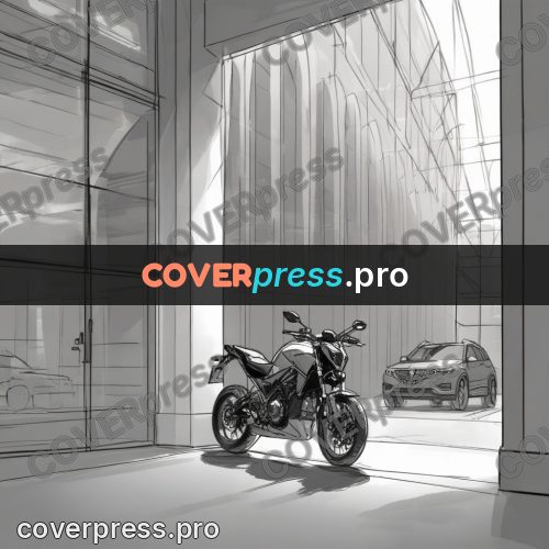 Line artwork: motorcycle by a glass building