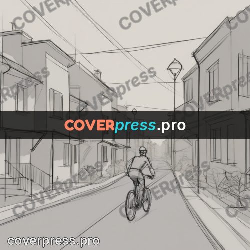 Line artwork: cyclist on a quiet street