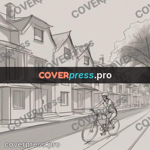 Line artwork: cyclist on a quiet street