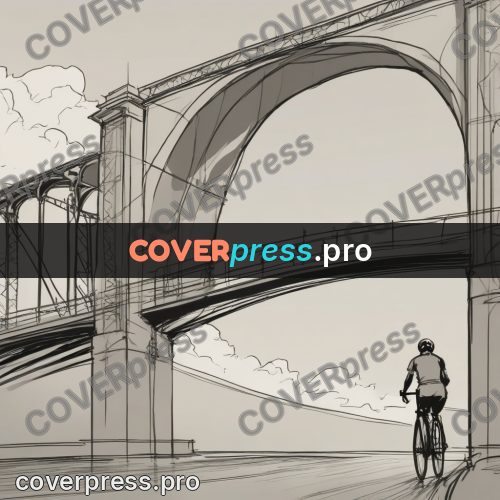 Line artwork: cyclist by an arched bridge