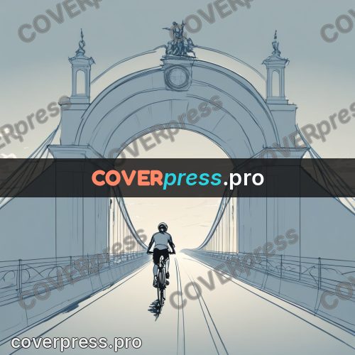 Line artwork: cyclist by an arched bridge