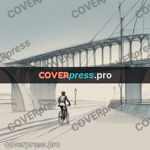 Line artwork: cyclist by an arched bridge