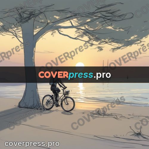 Line artwork: bicycle by the sea at sunset