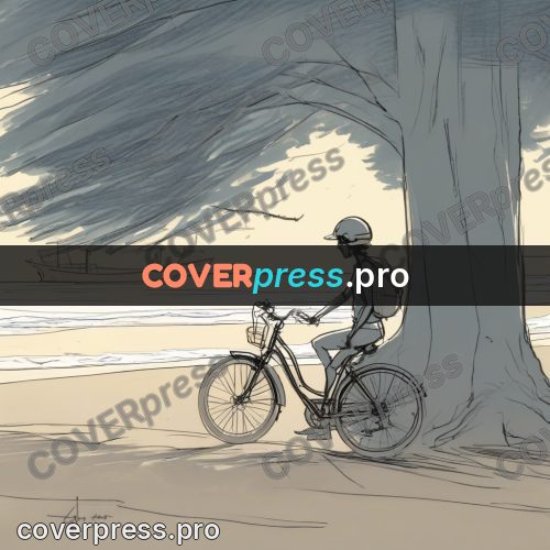 Line artwork: bicycle by the sea at sunset