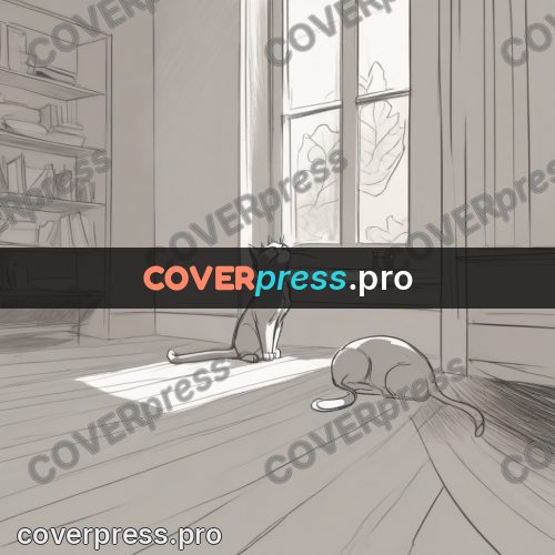Line artwork: cat walking through a room