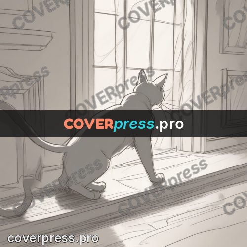Line artwork: cat walking through a room