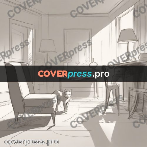 Line artwork: room with a cat and furniture