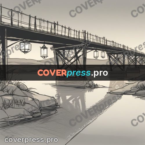 Line artwork: bridge over a calm river