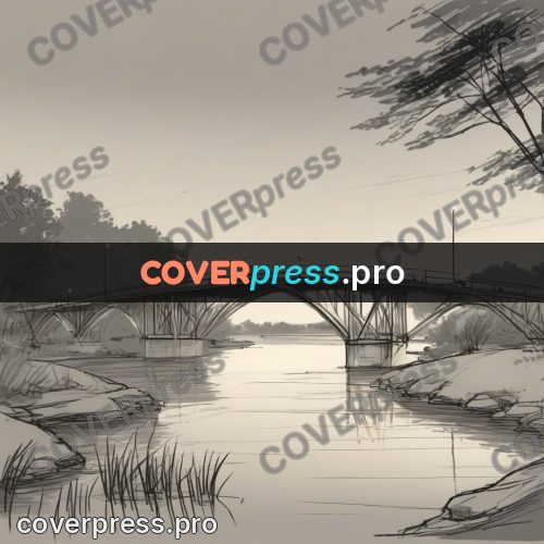 Line artwork: bridge over a calm river