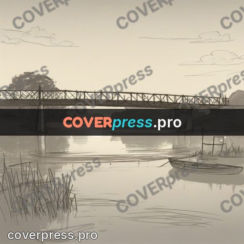 Line artwork: bridge over a calm river