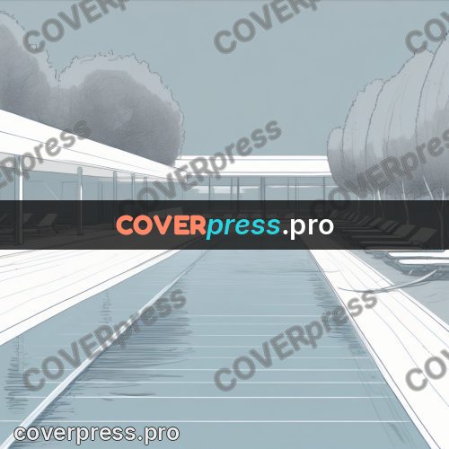 Line artwork: pool lane along a building