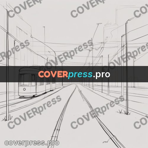Line artwork: tram on empty tracks