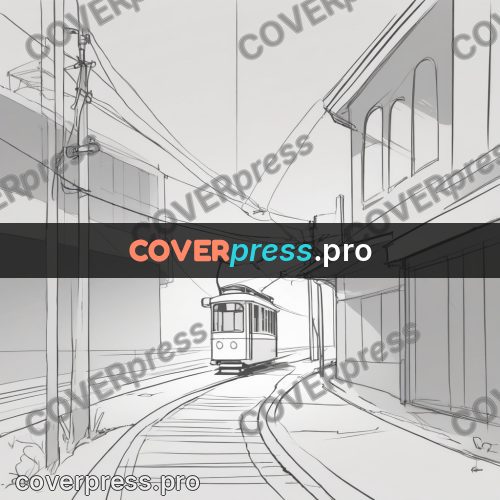 Line artwork: tram on empty tracks