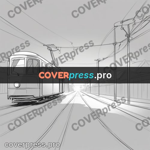 Line artwork: tram on empty tracks