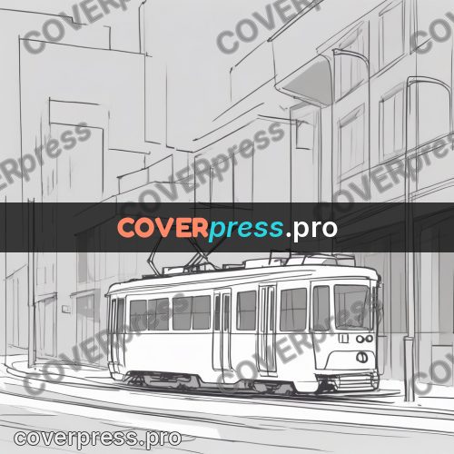 Line artwork: tram on a city street