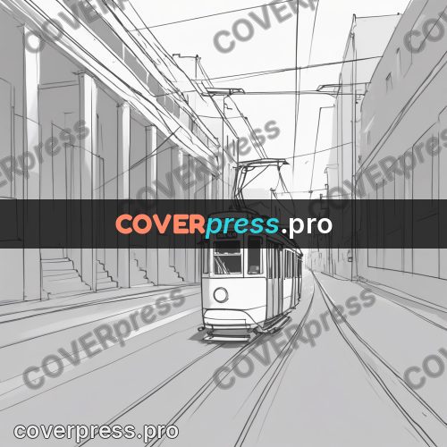 Line artwork: tram on a city street