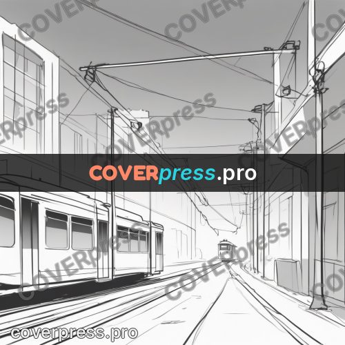 Line artwork: tram going along the tracks