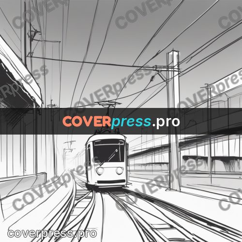 Line artwork: tram going along the tracks