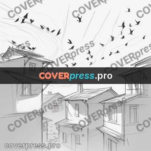 Line artwork: flock of birds above houses