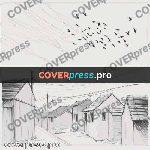 Line artwork: flock of birds above houses
