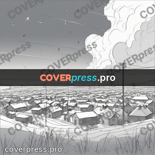 Line artwork: cloud above a settlement