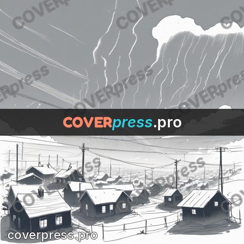 Line artwork: cloud above a settlement