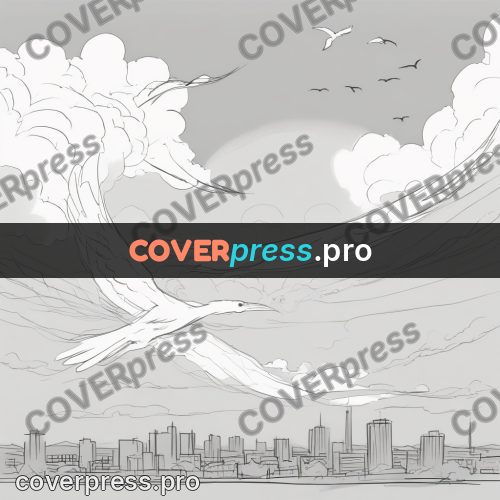 Line artwork: bird above city roofs
