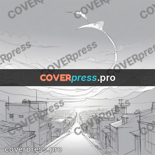 Line artwork: bird above city roofs