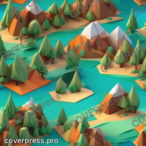 Полигональный рисунок: остров, вулкан и айсберг