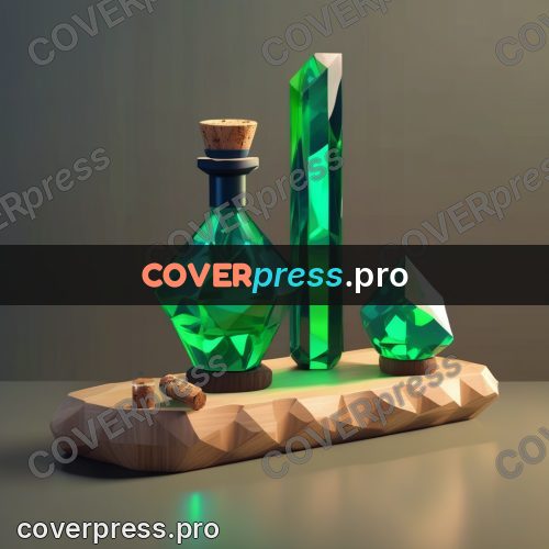Polygon illustration: green potion bottle on a board