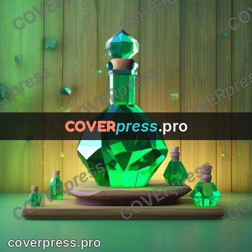 Polygon illustration: green potion bottle on a board