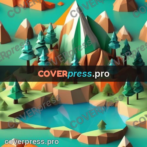 Polygon illustration: island with mountains and a lake