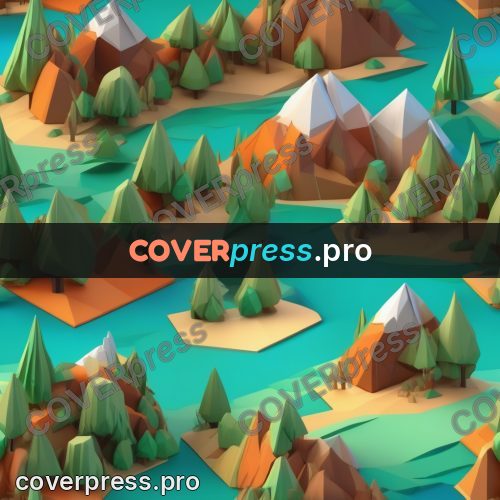 Polygon illustration: island with mountains and a lake