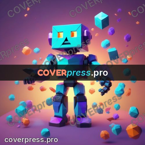 Polygon illustration: robot among flying crystals