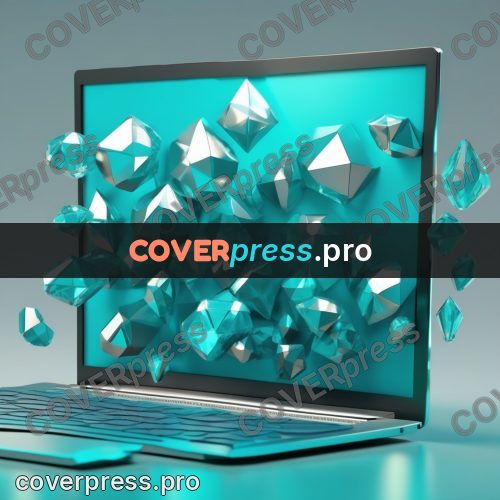 Polygon illustration: laptop and flying crystals