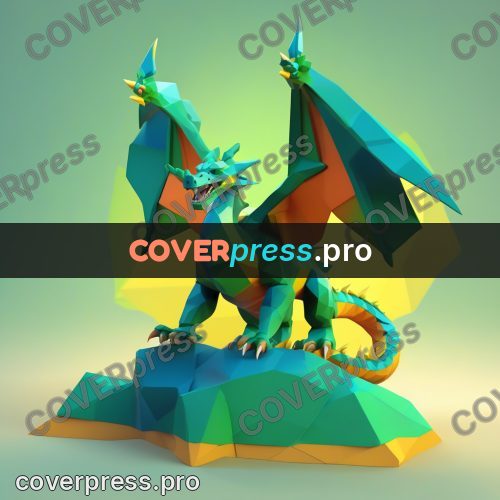 Polygon illustration: green dragon on a rock