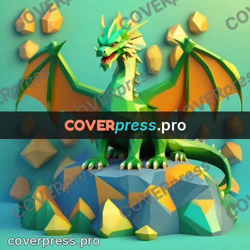 Polygon illustration: green dragon on a rock