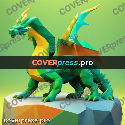 Polygon illustration: green dragon on a rock