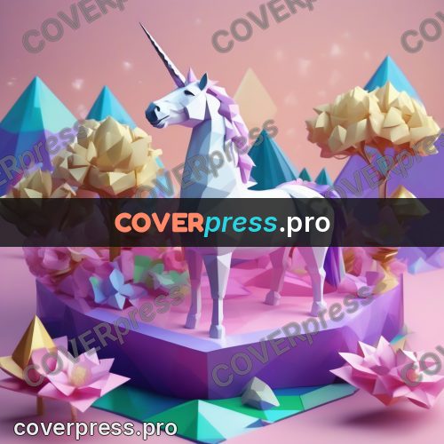 Polygon illustration: white unicorn among flowers