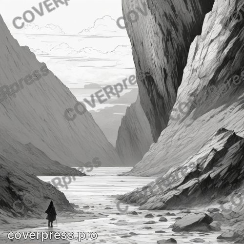 В стиле Манга-лайнарт: фигура целиком у самого обрыва, тёмная линия скалы уходит вниз