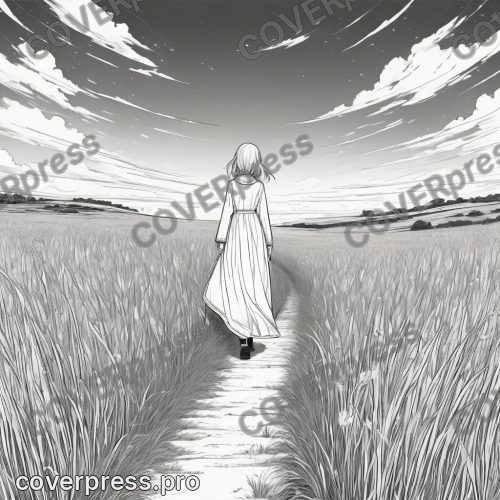 В стиле Манга-лайнарт: фигура уходит вглубь травяного поля, оставляя тёмный след в стеблях