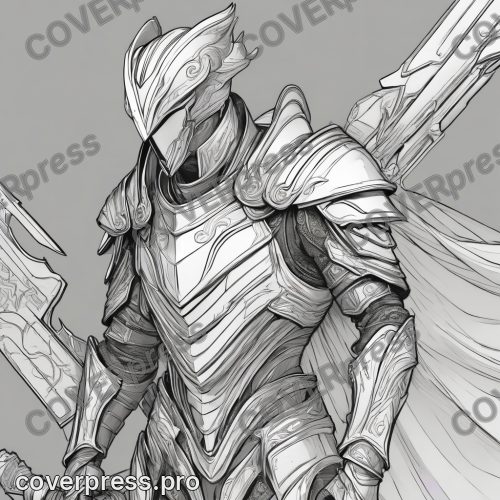 В стиле Манга-лайнарт: тот же доспех дан обычным тонким контуром на мягкой серой растяжке: видно, как пластины