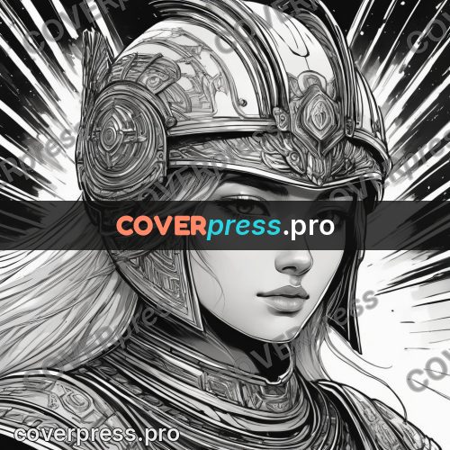 Anime line art: woman in a patterned helmet