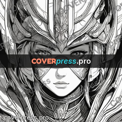 Anime line art: woman in a patterned helmet