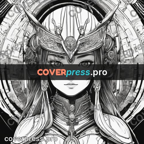 Anime line art: woman in a patterned helmet