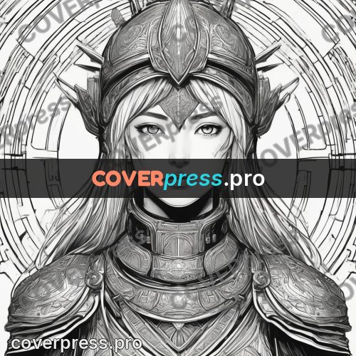 Anime line art: woman in a patterned helmet